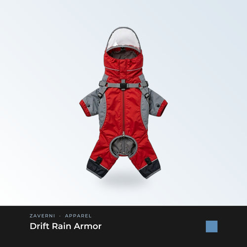 Drift Rain Armor · Crimson Red — four-leg stormproof dog raincoat