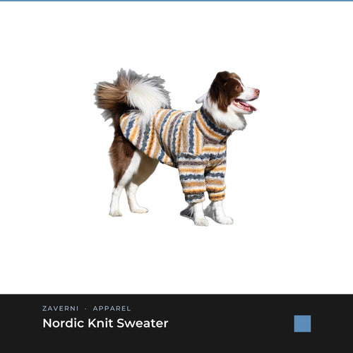 Zaverni Nordic Knit Sweater - blue striped fleece sweater on large dog, seated