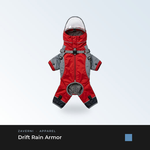 Drift Rain Armor · Crimson Red — four-leg stormproof dog raincoat