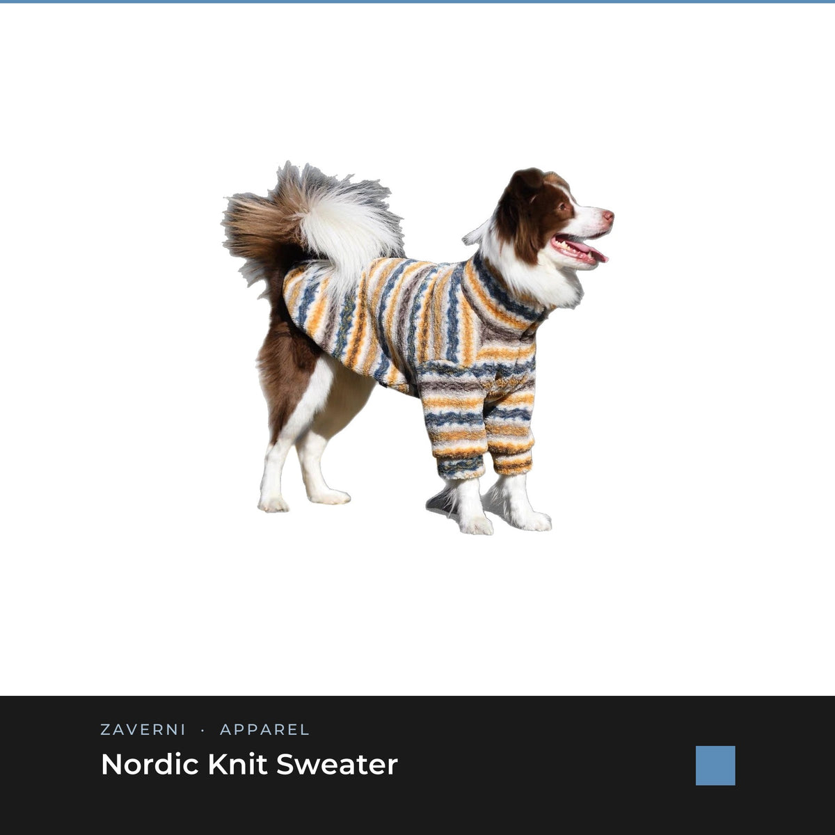 Zaverni Nordic Knit Sweater - blue striped fleece sweater on large dog, seated