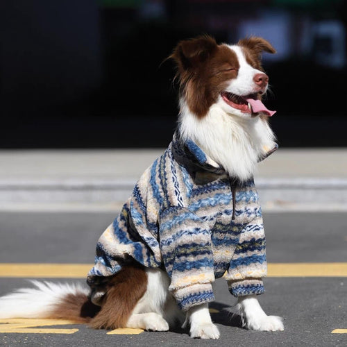 Zaverni Nordic Knit Sweater - blue striped fleece sweater on large dog, seated