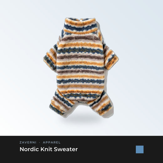 Zaverni Nordic Knit Sweater - blue striped fleece sweater on large dog, seated